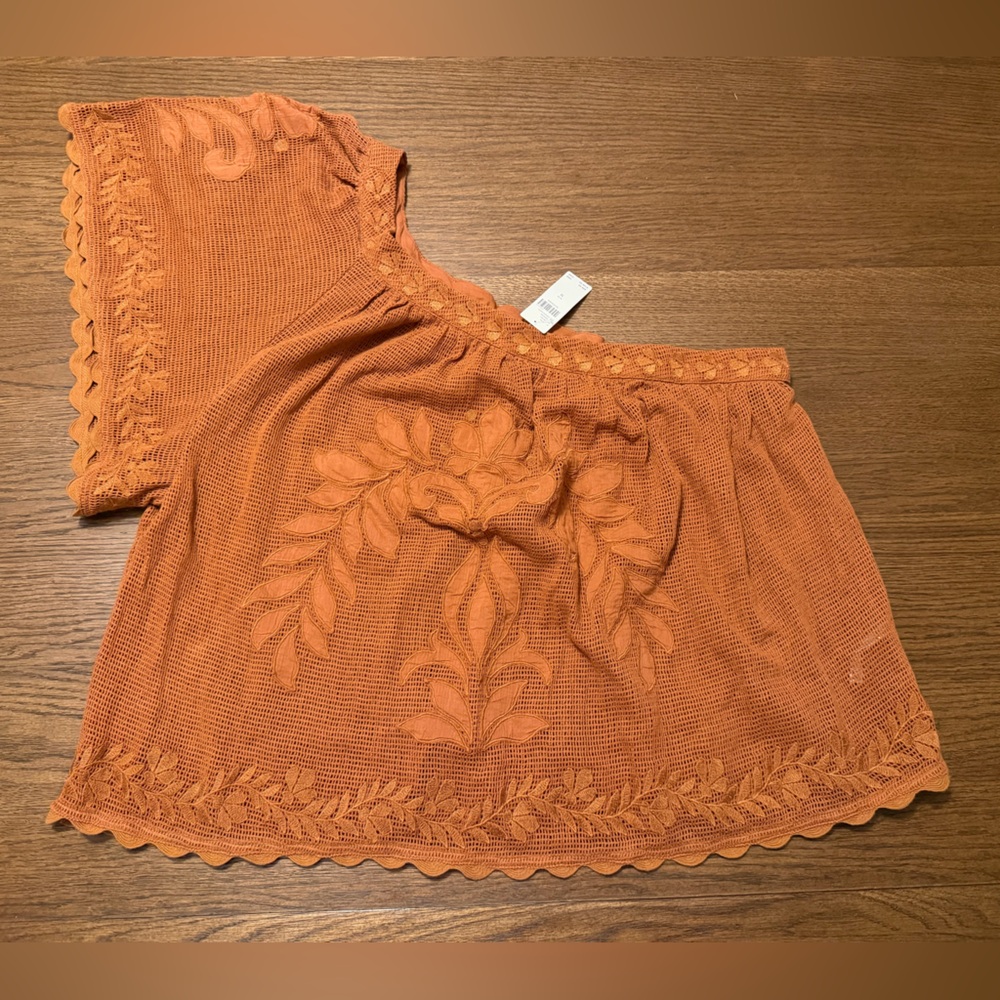 NWT By Anthropologie One-Shoulder Lace Top Coverup Cedar Brown Orange Size M